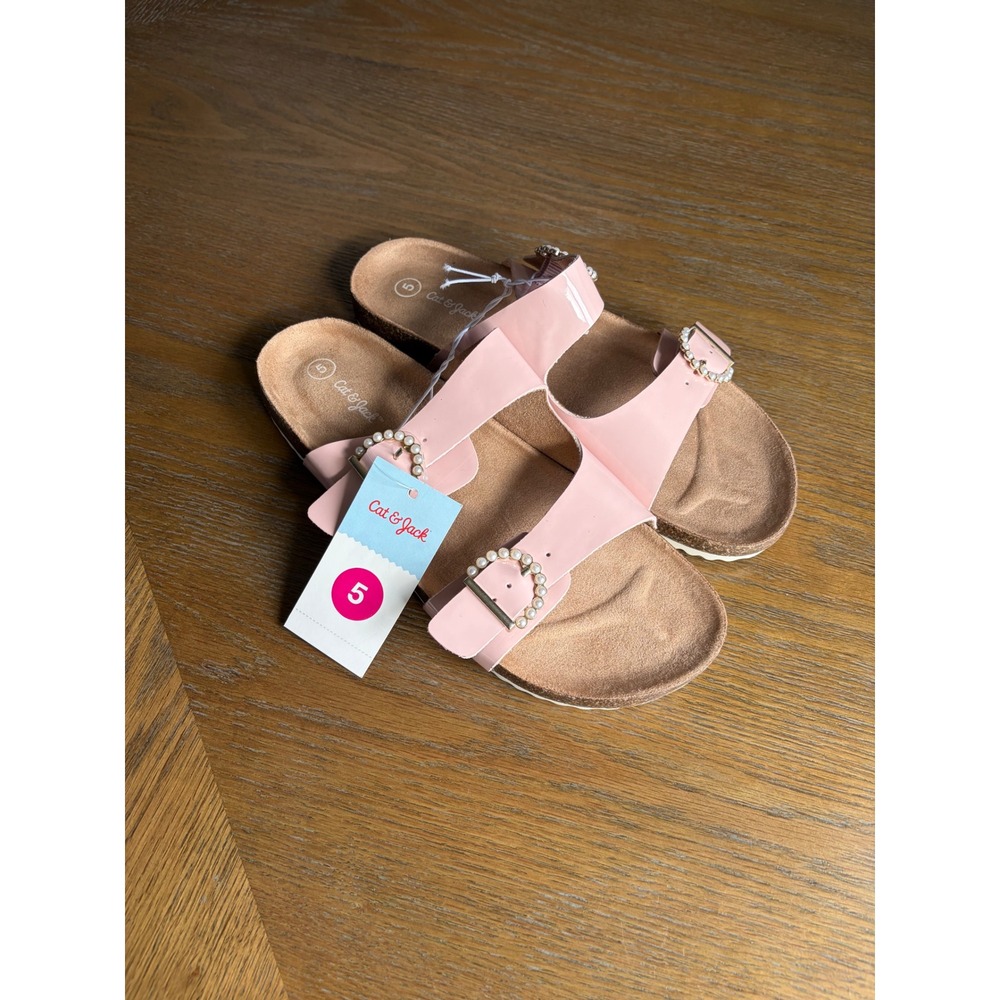 Cat & Jack Drew Pink Patent Pearl Buckle Slide Sandals Kids Size 5 NWT